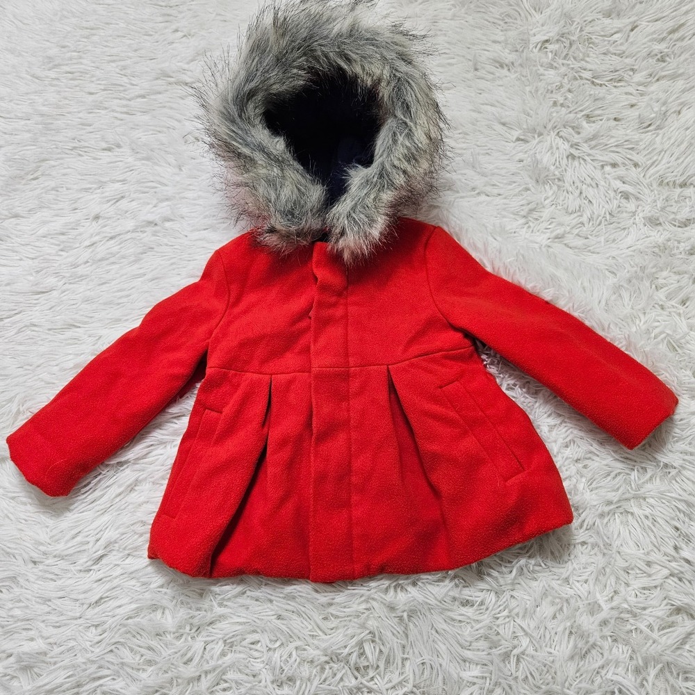 Cat & Jack Girl's‎ Sz 12 Mo Red Zip Up Removeable Fur Hooded Pleated Pea Coat